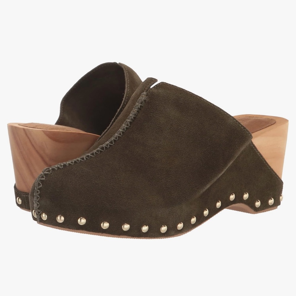 Kelsi Dagger Brown Suede Mules with Wooden Heel
